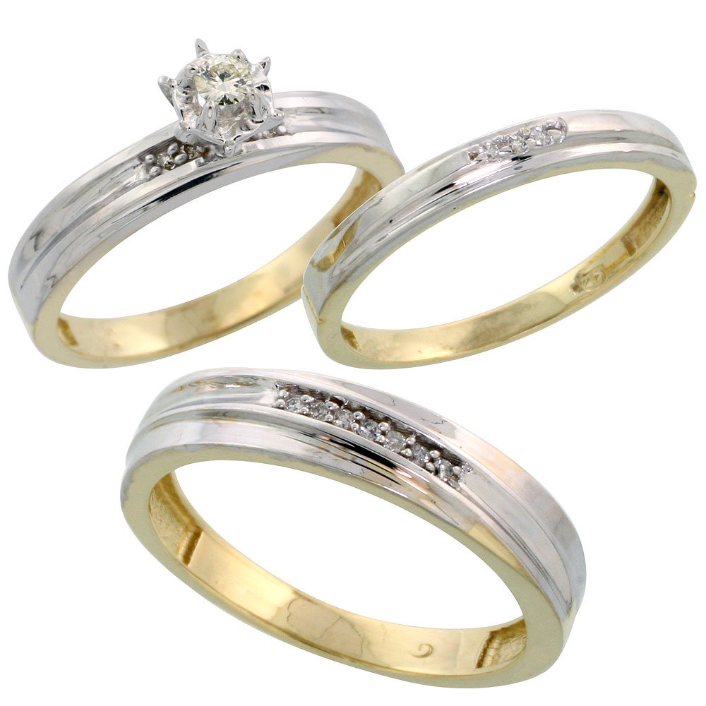 Gold Plated Sterling Silver Diamond Trio Wedding Ring Set His 5mm &amp; Hers 3mm, Mens Size 8 to 14