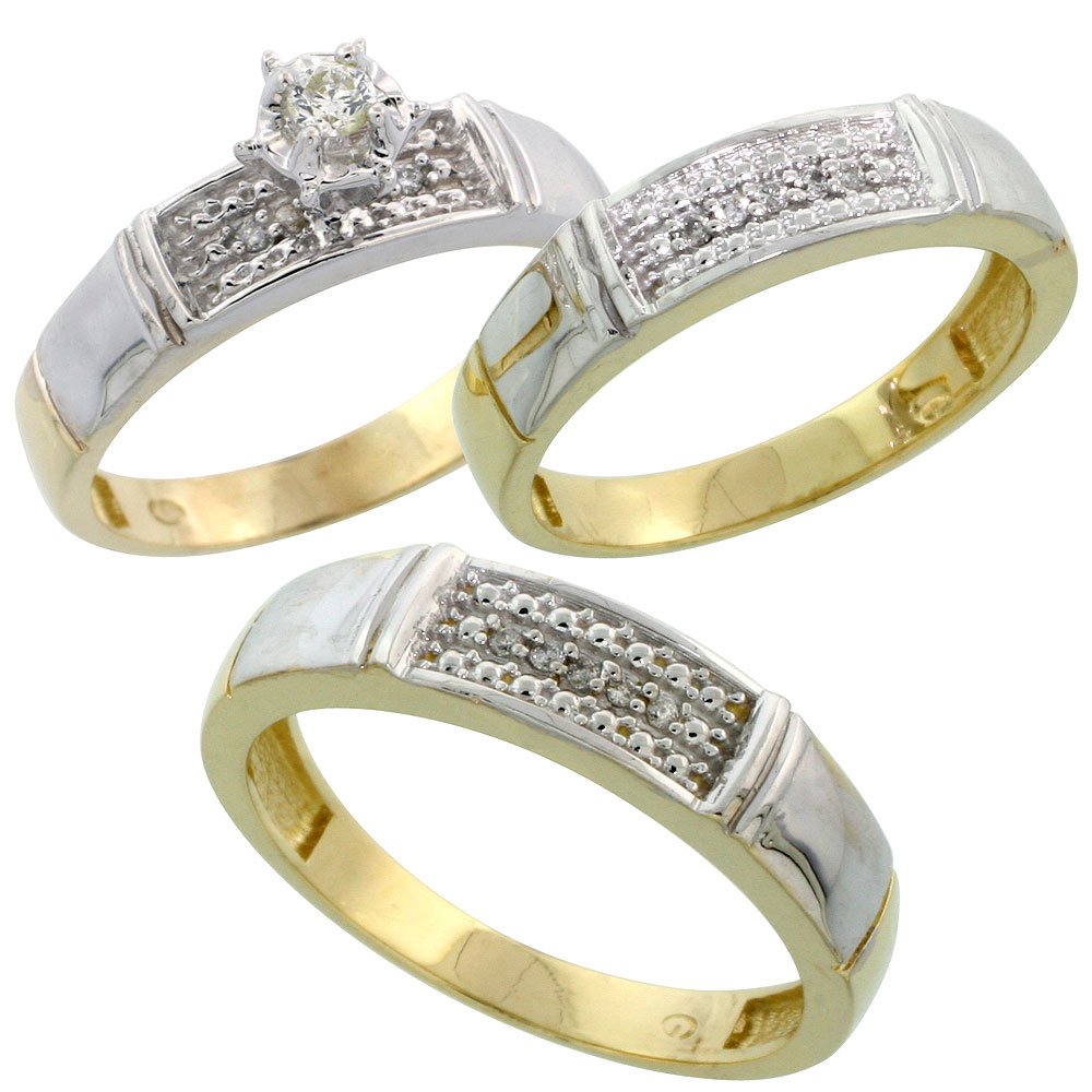 Gold Plated Sterling Silver Diamond Trio Wedding Ring Set His 5mm &amp; Hers 4.5mm, Mens Size 8 to 14