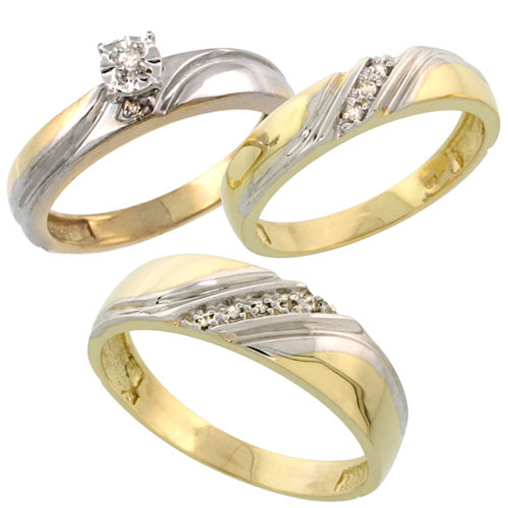 Gold Plated Sterling Silver Diamond Trio Wedding Ring Set His 6mm &amp; Hers 4.5mm, Mens Size 8 to 14
