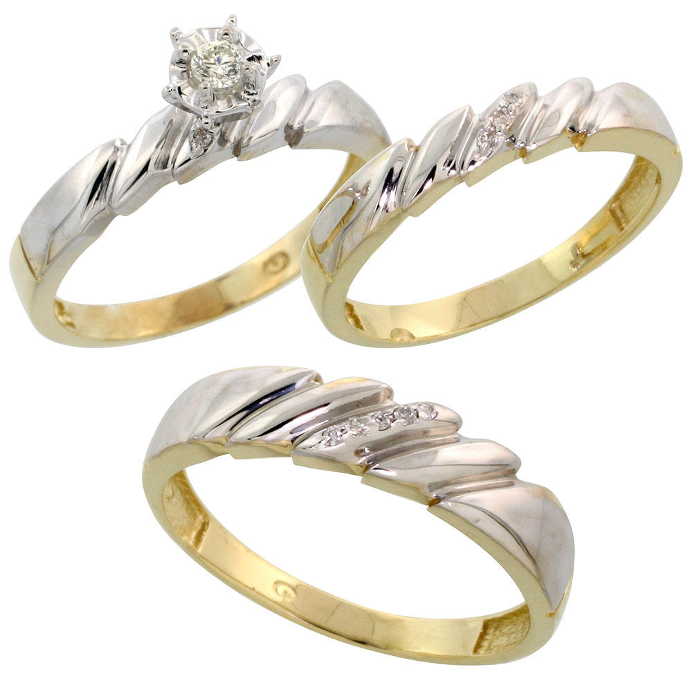 Gold Plated Sterling Silver Diamond Trio Wedding Ring Set His 5mm &amp; Hers 4mm, Mens Size 8 to 14