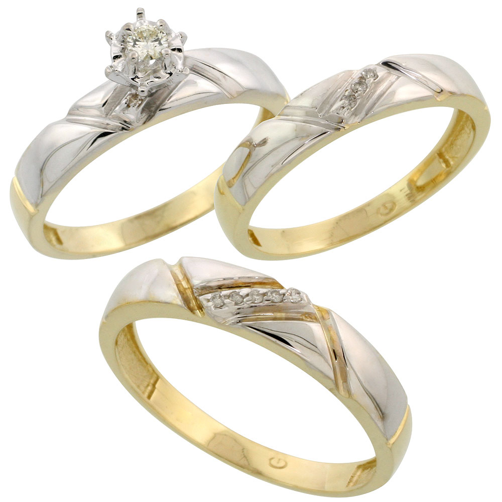 Gold Plated Sterling Silver Diamond Trio Wedding Ring Set His 4.5mm & Hers 4mm, Mens Size 8 to 14