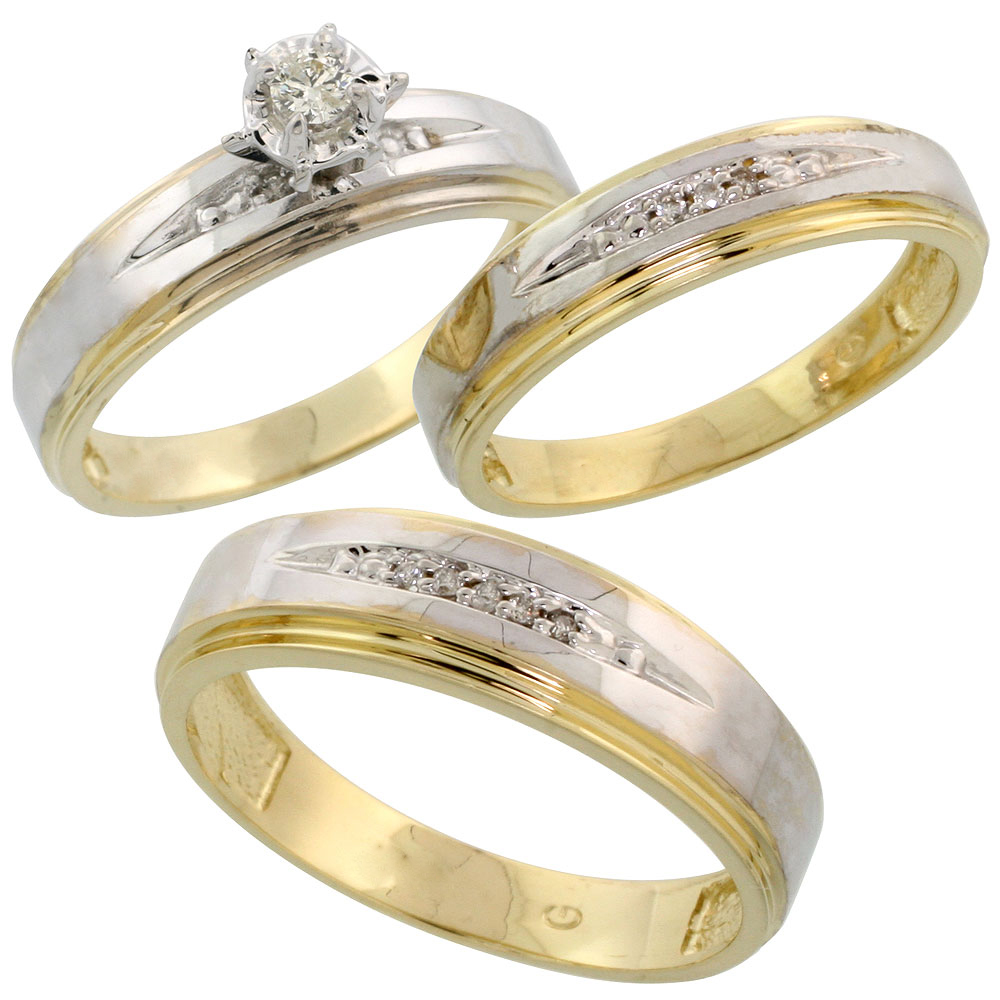 Gold Plated Sterling Silver Diamond Trio Wedding Ring Set His 6mm &amp; Hers 5mm, Mens Size 8 to 14