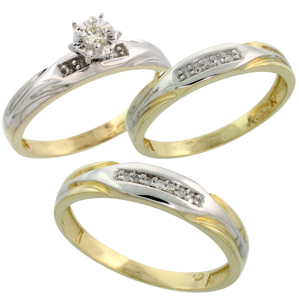 Gold Plated Sterling Silver Diamond Trio Wedding Ring Set His 4.5mm & Hers 3.5mm, Mens Size 8 to 14