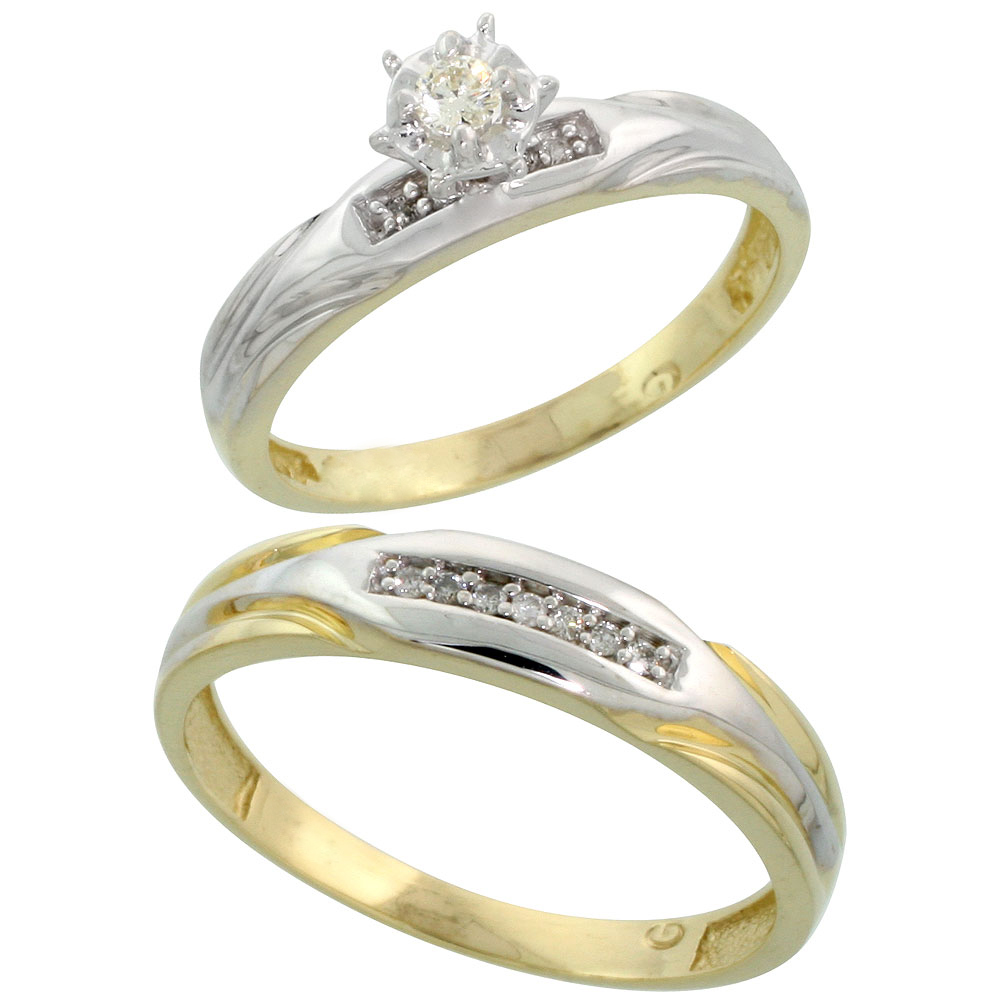 Gold Plated Sterling Silver 2-Piece Diamond Wedding Engagement Ring Set for Him and Her, 3.5mm &amp; 4.5mm wide