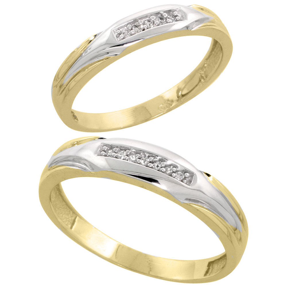 Gold Plated Sterling Silver Diamond 2 Piece Wedding Ring Set His 4.5mm &amp; Hers 3.5mm, Mens Size 8 to 14