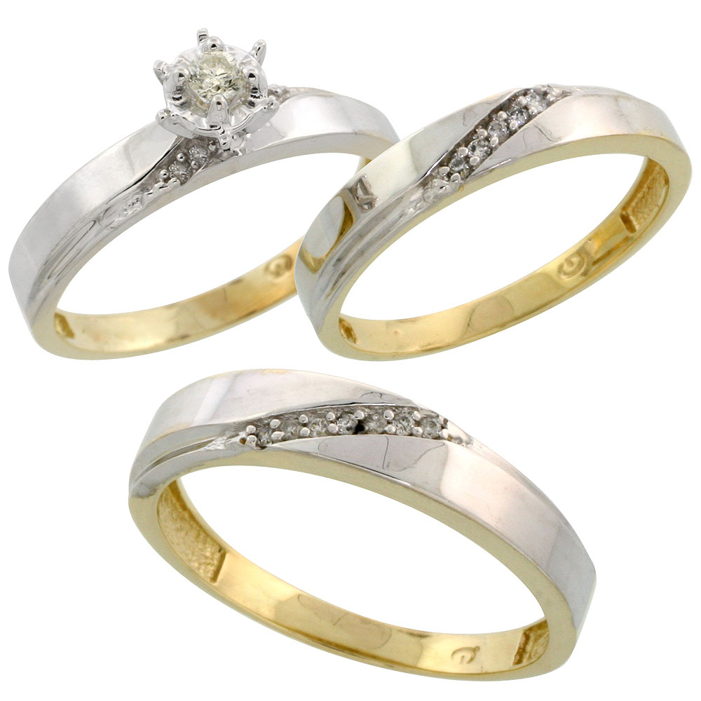 Gold Plated Sterling Silver Diamond Trio Wedding Ring Set His 4.5mm &amp; Hers 3.5mm, Mens Size 8 to 14