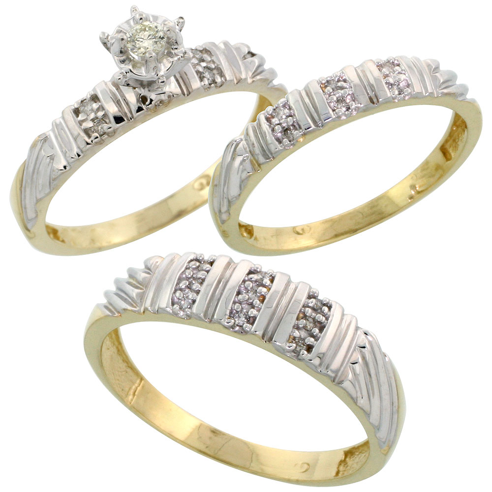 Gold Plated Sterling Silver Diamond Trio Wedding Ring Set His 5mm &amp; Hers 3.5mm, Mens Size 8 to 14
