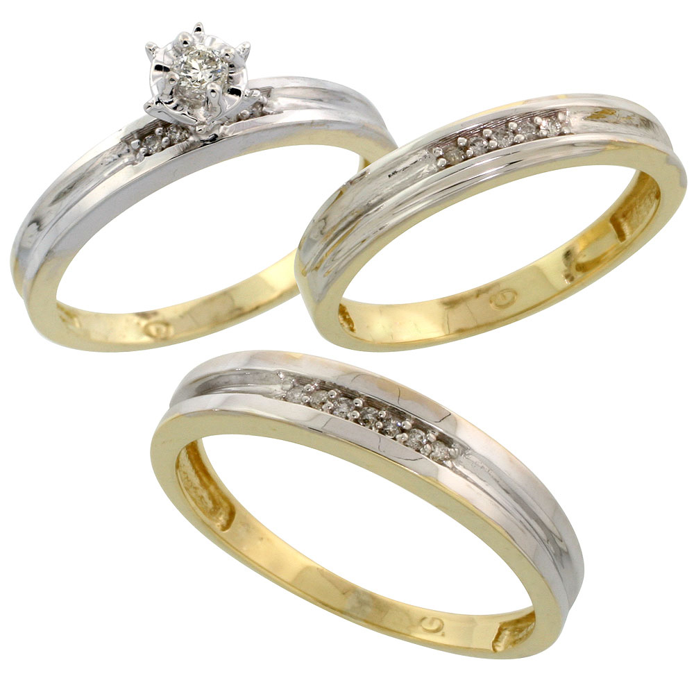 Gold Plated Sterling Silver Diamond Trio Wedding Ring Set His 4mm &amp; Hers 3.5mm, Mens Size 8 to 14