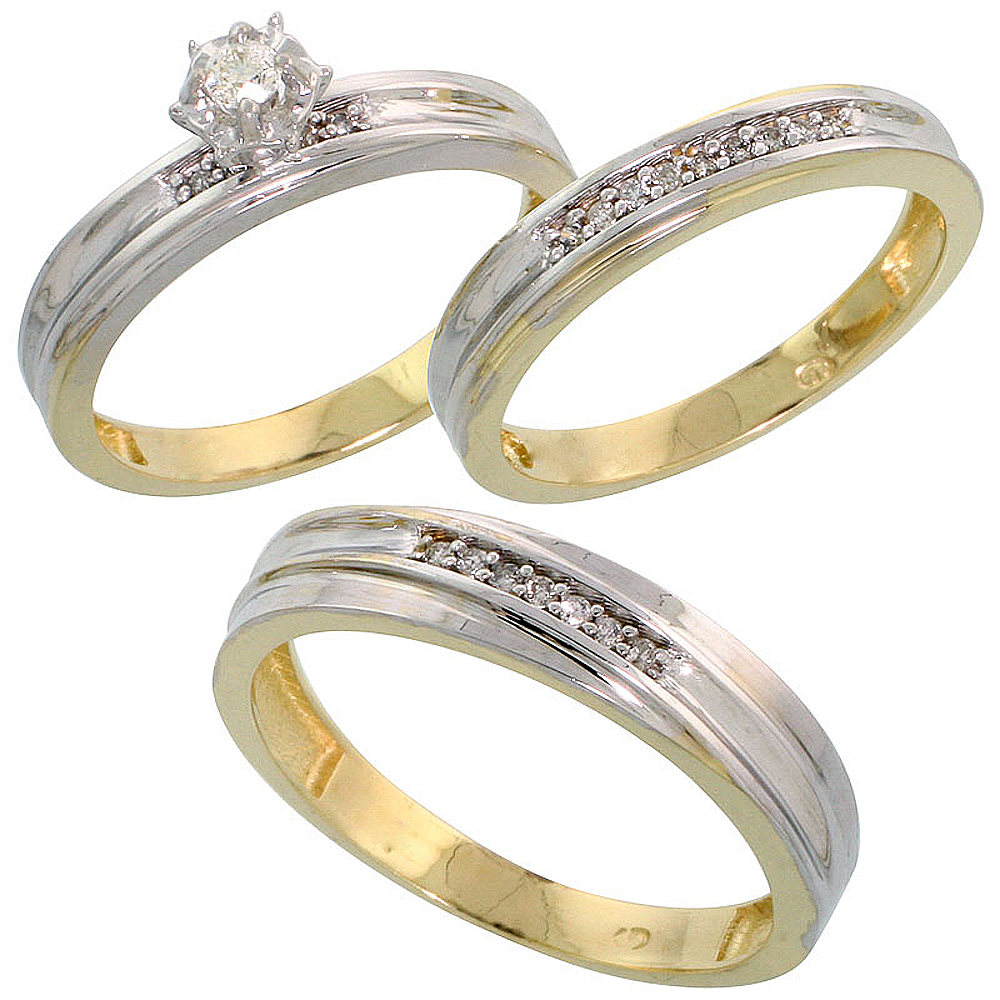 Gold Plated Sterling Silver Diamond Trio Wedding Ring Set His 5mm & Hers 3.5mm, Mens Size 8 to 14