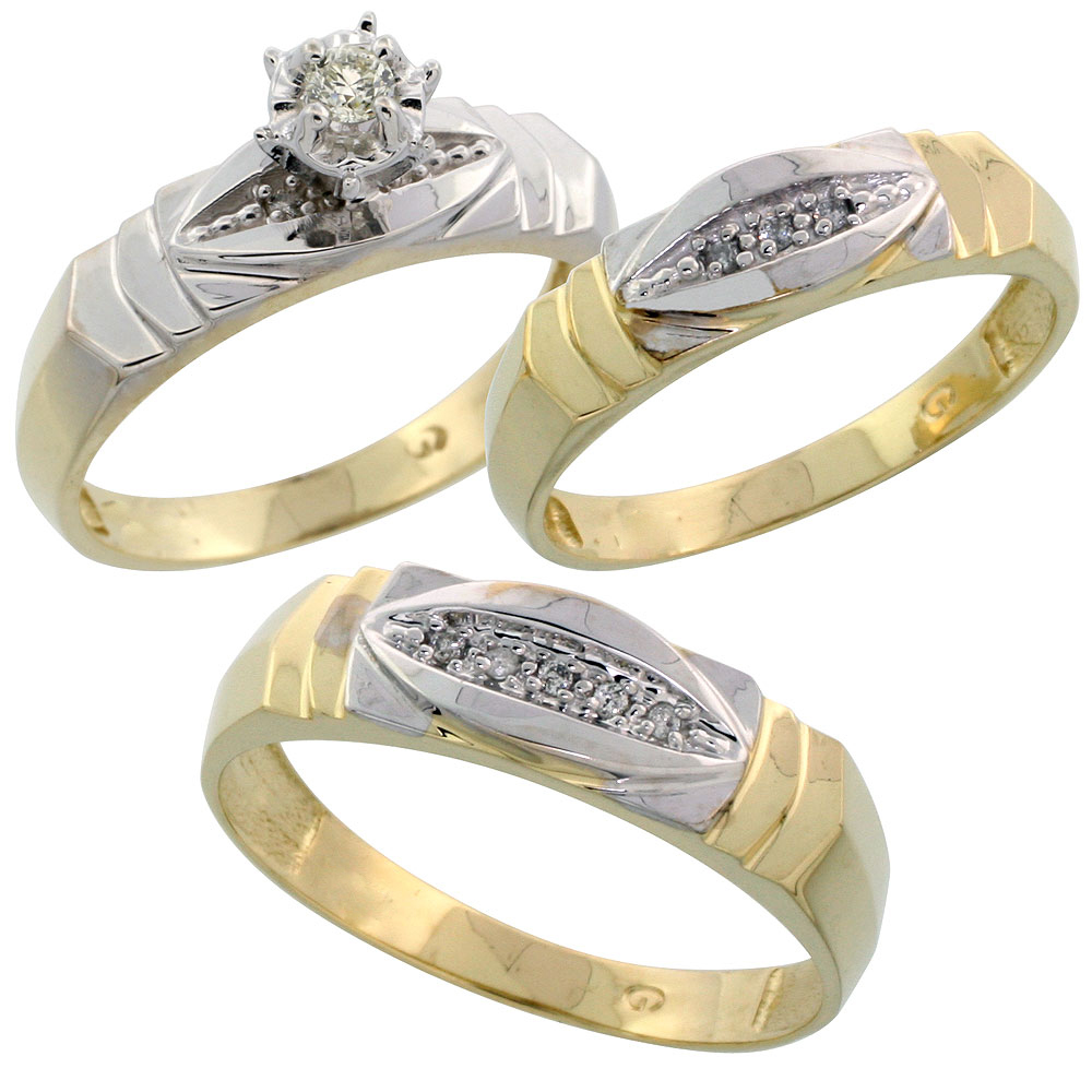 Gold Plated Sterling Silver Diamond Trio Wedding Ring Set His 6mm & Hers 5mm, Mens Size 8 to 14