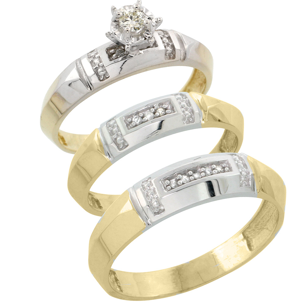 Gold Plated Sterling Silver Diamond Trio Wedding Ring Set His 5.5mm &amp; Hers 4mm, Mens Size 8 to 14