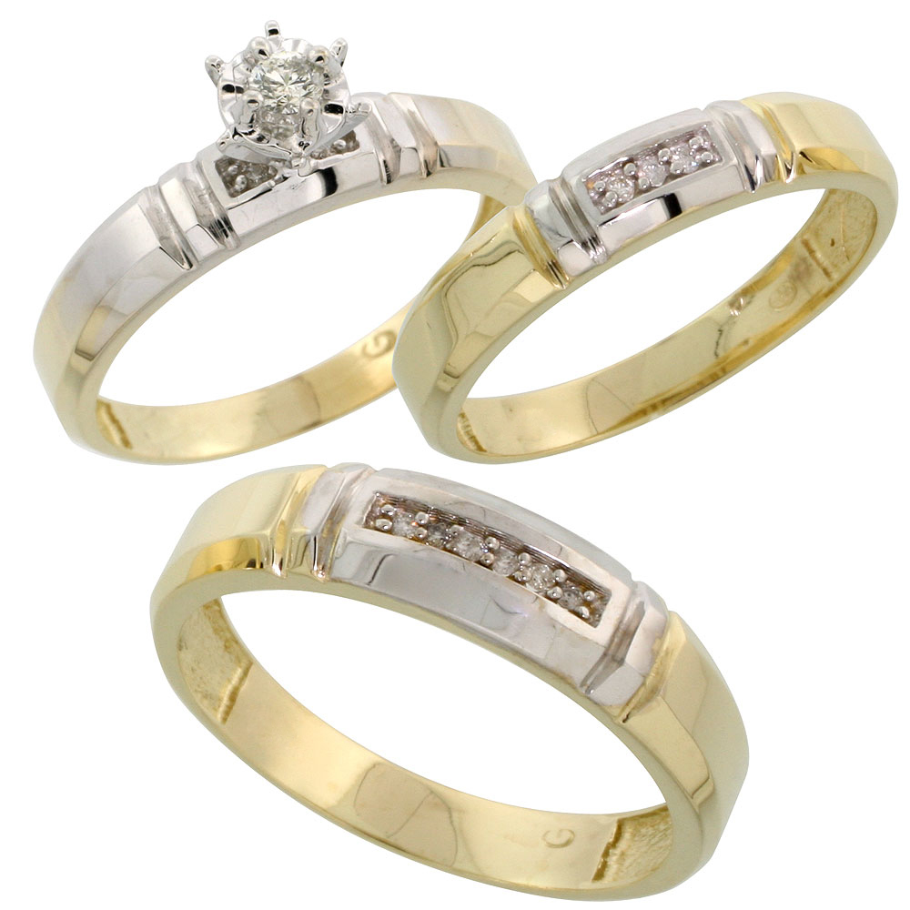 Gold Plated Sterling Silver Diamond Trio Wedding Ring Set His 5.5mm & Hers 4mm, Mens Size 8 to 14