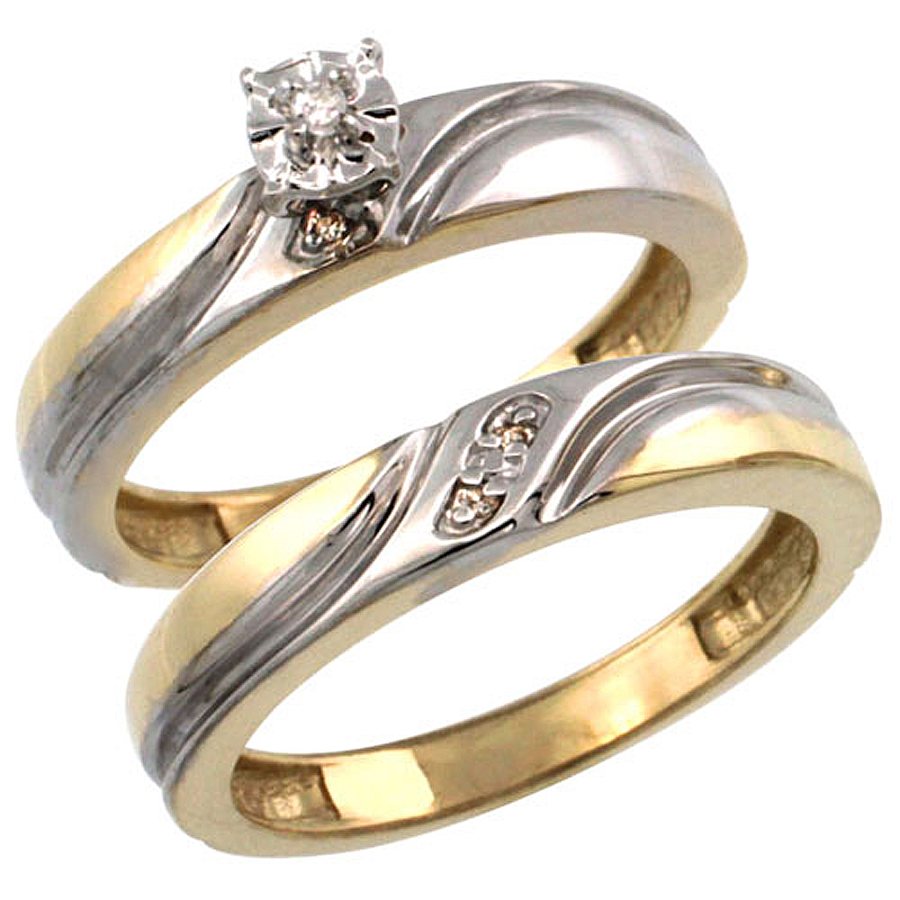 Gold Plated Sterling Silver Ladies 2-Piece Diamond Engagement Wedding Ring Set 5/32 inch wide