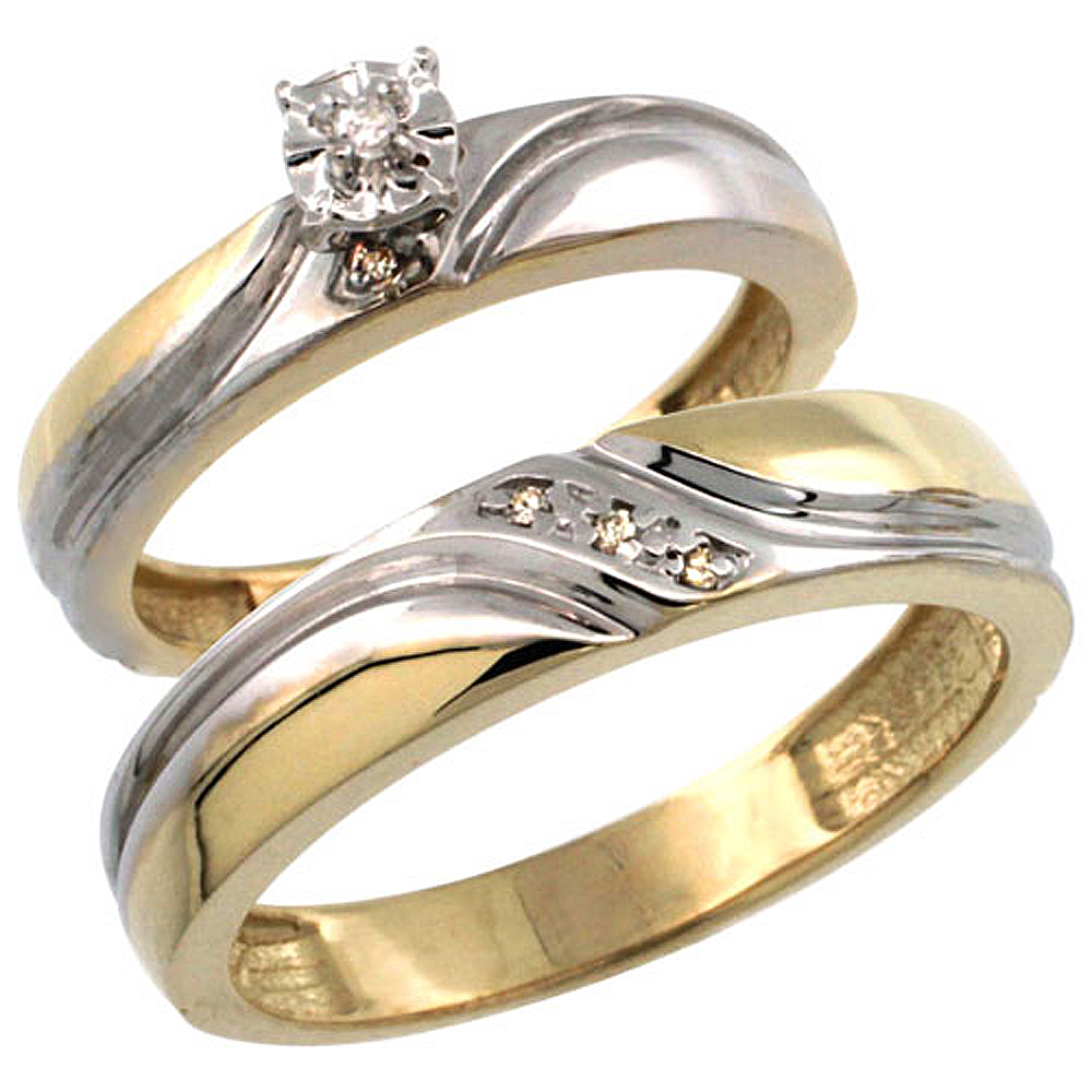 Gold Plated Sterling Silver 2-Piece Diamond Wedding Engagement Ring Set for Him and Her 4mm &amp; 5mm wide