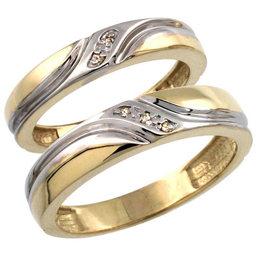 Gold Plated Sterling Silver Diamond 2 Piece Wedding Ring Set His 5mm &amp; Hers 4mm Ladies Sizes 5 to 10; Mens Sizes 8 to 14