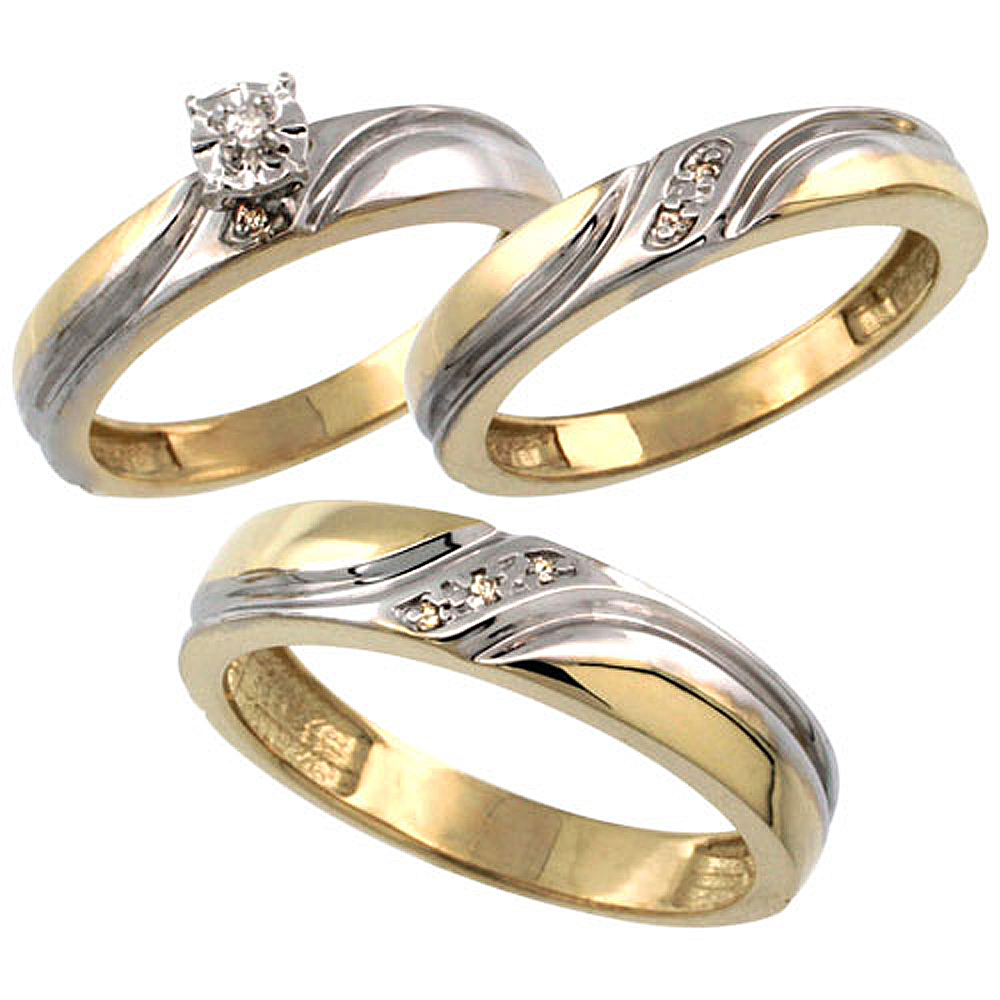 Gold Plated Sterling Silver Diamond Trio Wedding Ring Set His 5mm &amp; Hers 4mm 0.062 cttw Ladies 5-10; Men 8 to 14