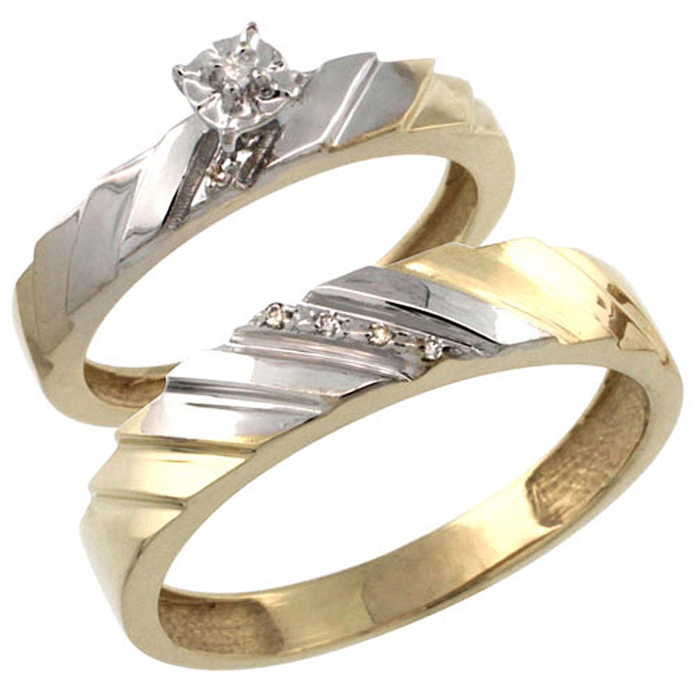 Gold Plated Sterling Silver 2-Piece Diamond Wedding Engagement Ring Set for Him and Her 4mm &amp; 5mm wide