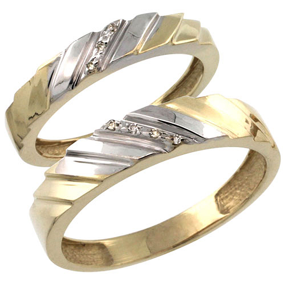 Gold Plated Sterling Silver Diamond 2 Piece Wedding Ring Set His 5mm &amp; Hers 4mm Ladies Sizes 5 to 10; Mens Sizes 8 to 14