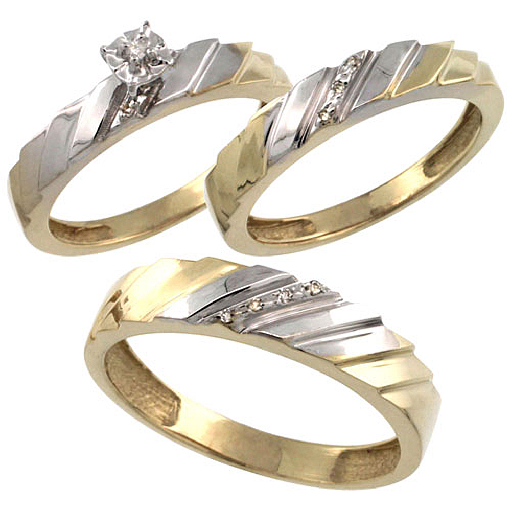 Gold Plated Sterling Silver Diamond Trio Wedding Ring Set His 5mm &amp; Hers 4mm 0.075 cttw Ladies 5-10; Men 8 to 14