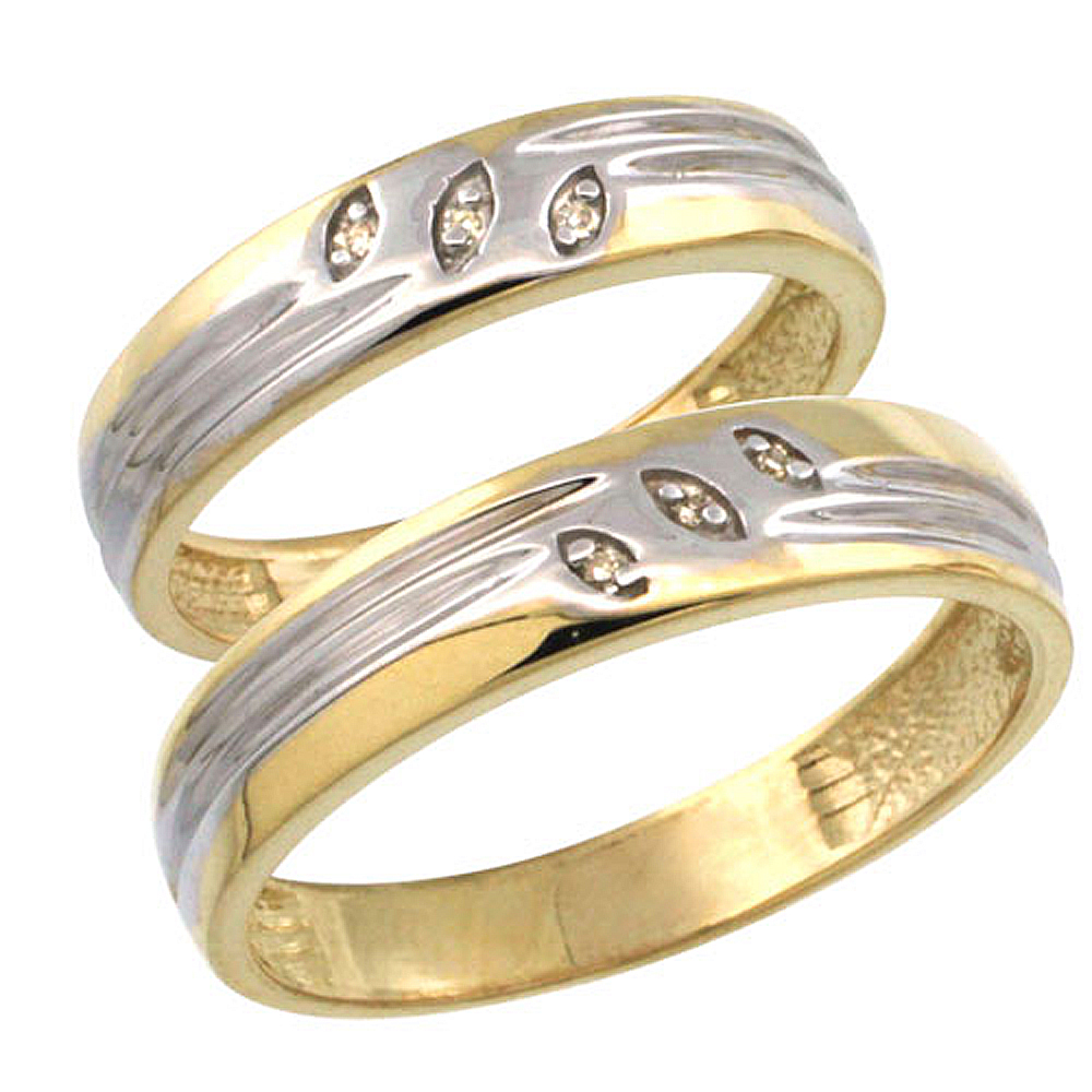 Gold Plated Sterling Silver Diamond 2 Piece Wedding Ring Set His 5mm &amp; Hers 4.5mm Ladies Sizes 5 to 10; Mens Sizes 8 to 14