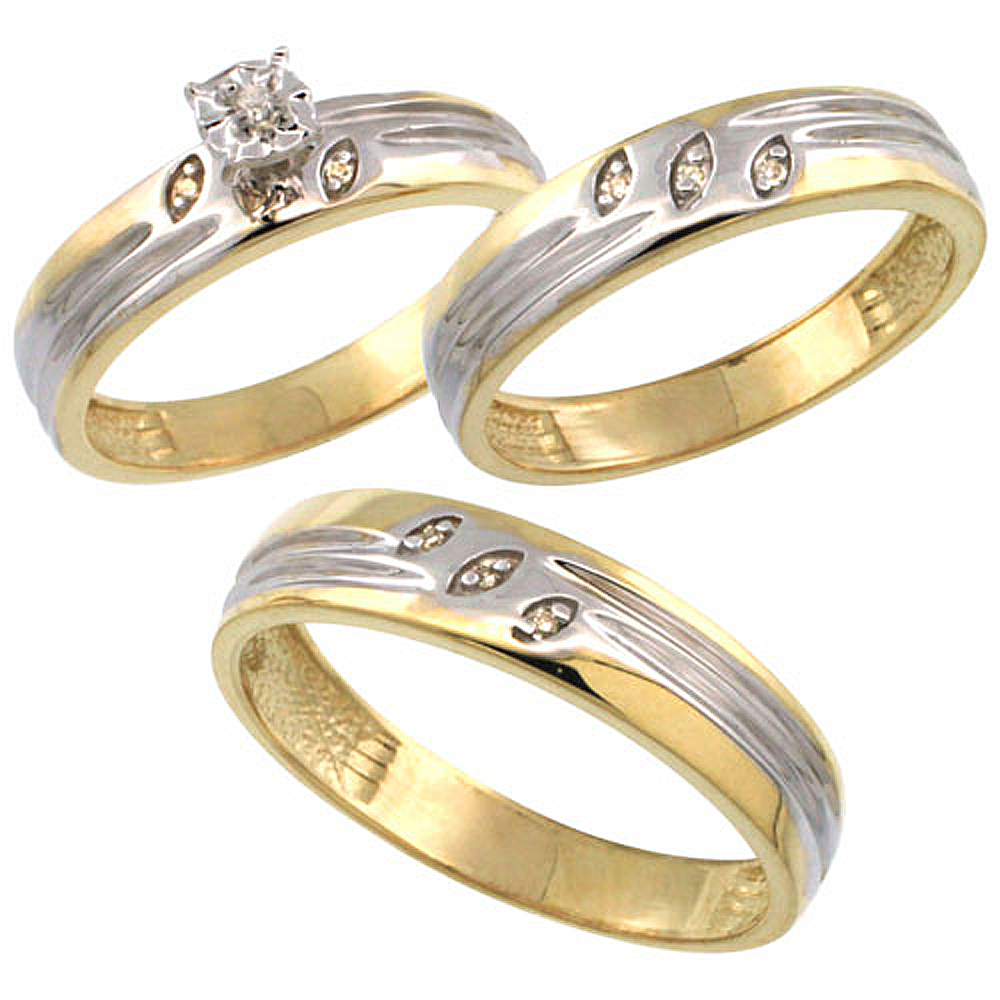 Gold Plated Sterling Silver Diamond Trio Wedding Ring Set His 5mm &amp; Hers 4.5mm 0.075 cttw Ladies 5-10; Men 8 to 14