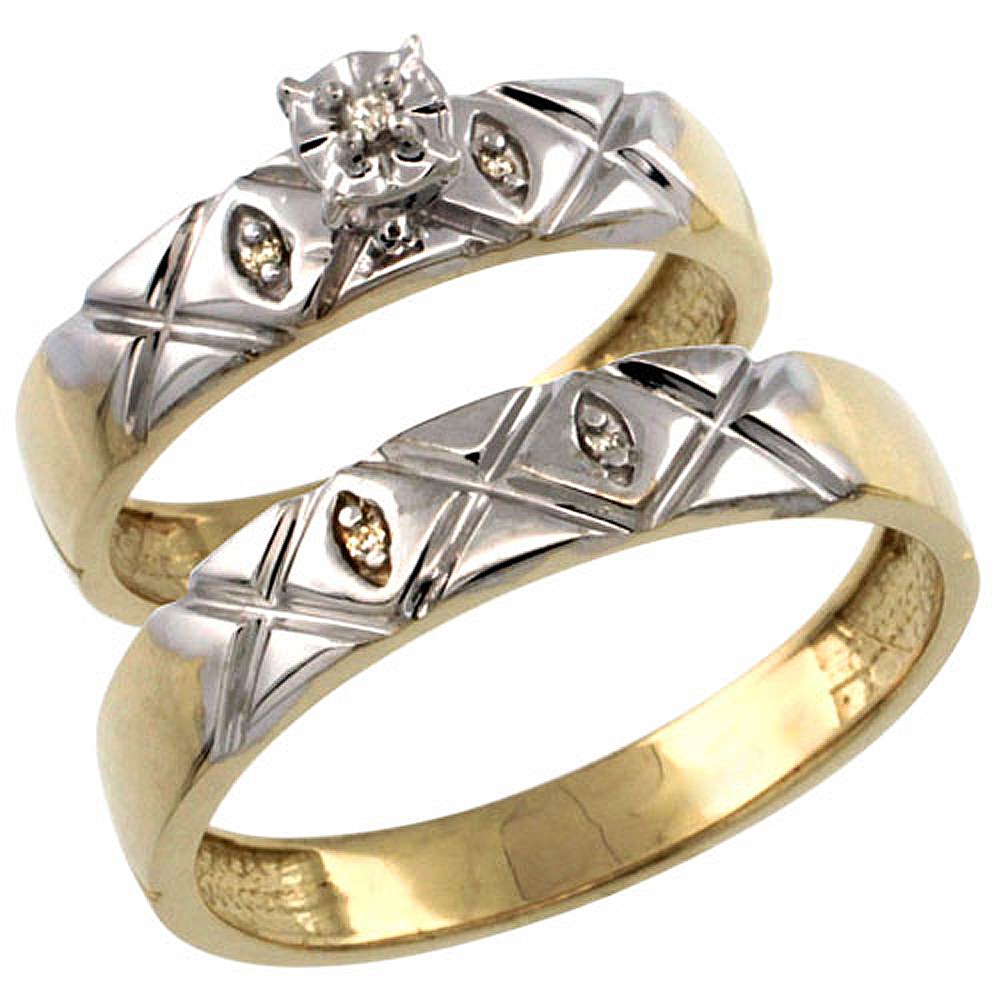 Gold Plated Sterling Silver 2-Piece Diamond Wedding Engagement Ring Set for Him and Her 4.5mm &amp; 5mm wide