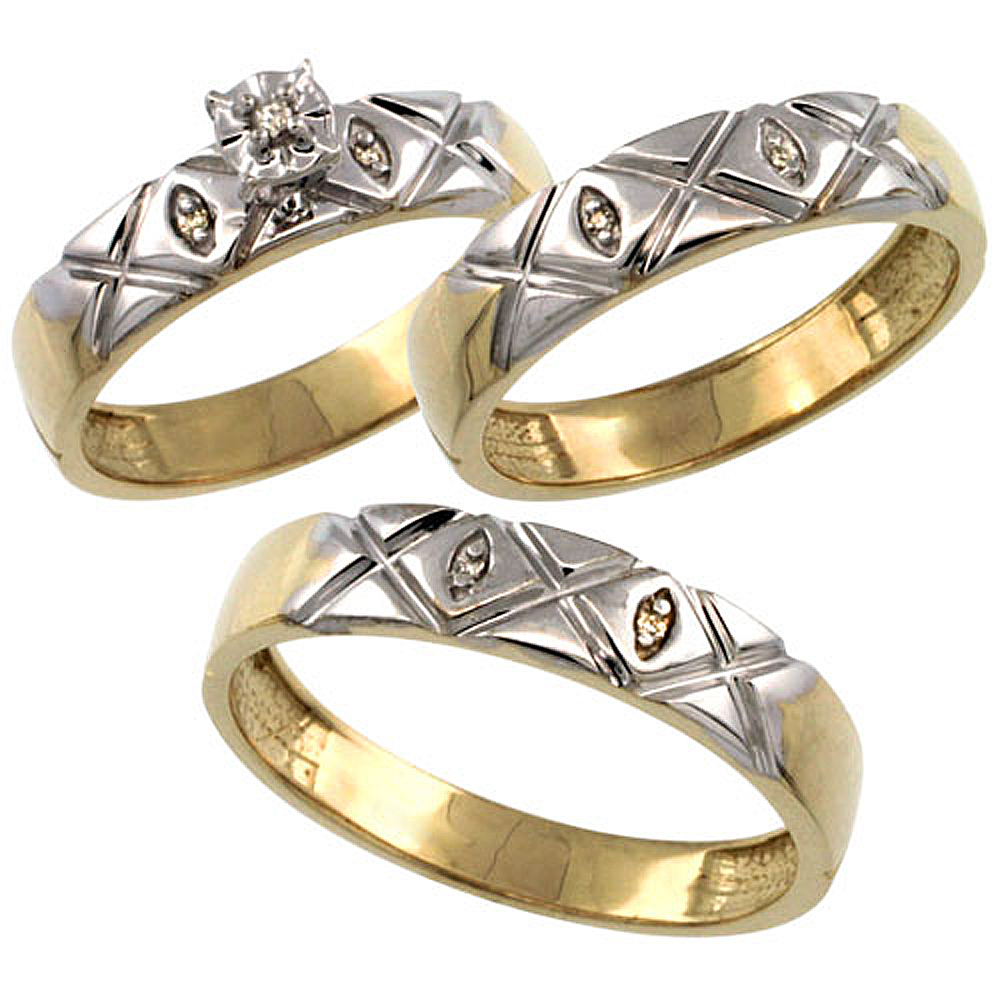 Gold Plated Sterling Silver Diamond Trio Wedding Ring Set His 5mm &amp; Hers 4.5mm 0.056 cttw Ladies 5-10; Men 8 to 14