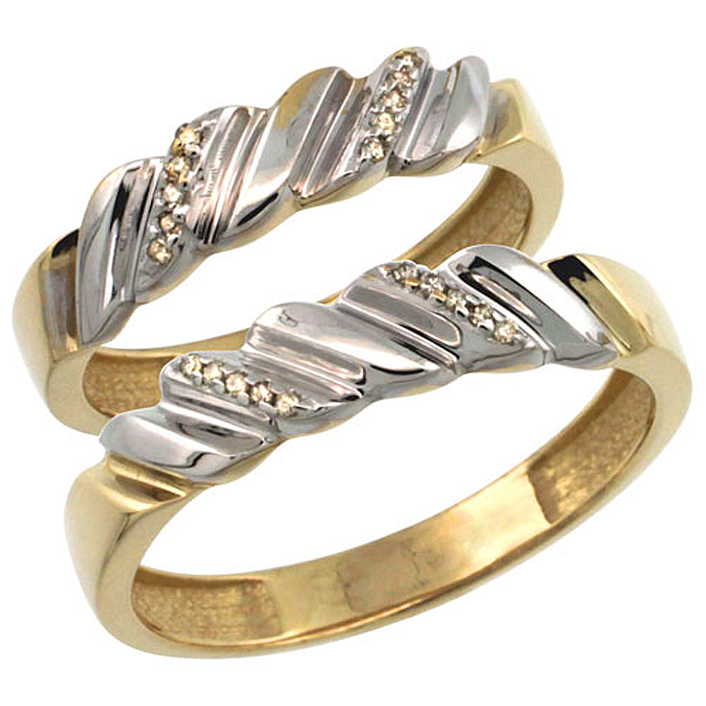 Gold Plated Sterling Silver Diamond 2 Piece Wedding Ring Set His 5mm &amp; Hers 5mm Ladies Sizes 5 to 10; Mens Sizes 8 to 14