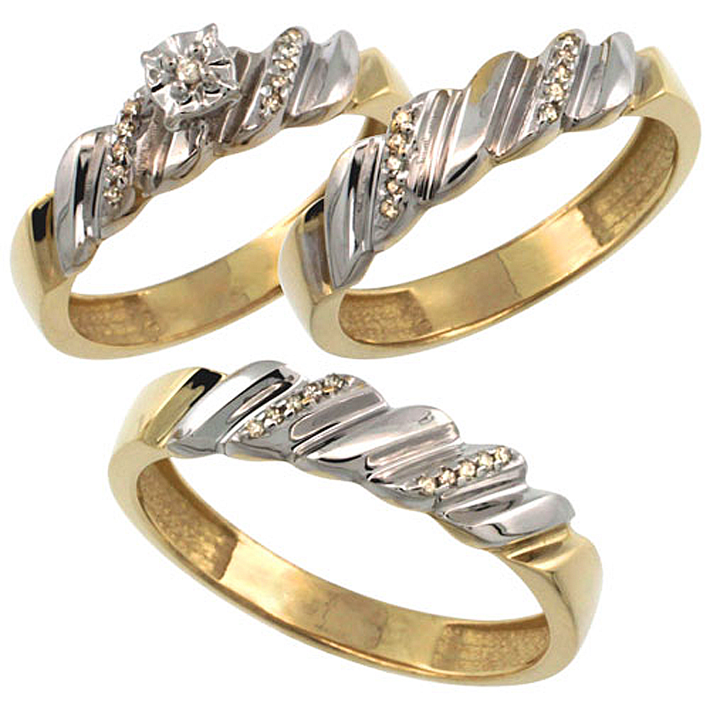 Gold Plated Sterling Silver Diamond Trio Wedding Ring Set His 5mm & Hers 5mm 0.20 cttw Ladies 5-10; Men 8 to 14