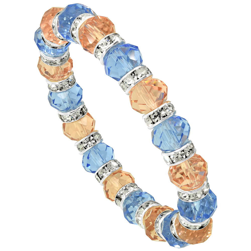 7 in. Multi Color Faceted Glass Crystal Bracelet on Elastic Nylon Strand ( Blue Topaz &amp; Light Rose Champagne Color ), 3/8 in. (1