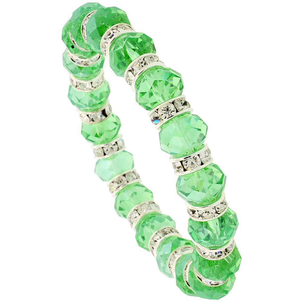 7 in. Emerald Color Faceted Glass Crystal Bracelet on Elastic Nylon Strand, 3/8 in. (10 mm) wide