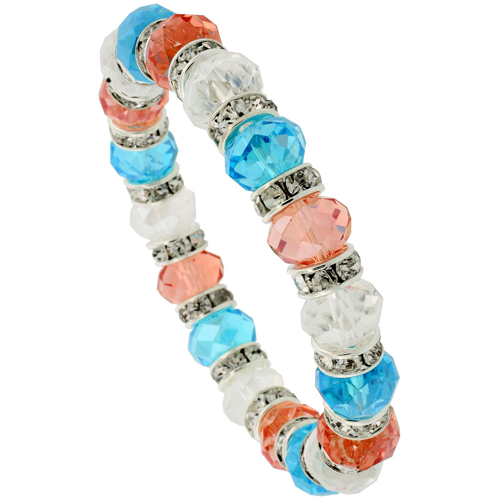 7 in. Multi Color Faceted Glass Crystal Bracelet on Elastic Nylon Strand ( Clear, Orange Sapphire &amp; Aquamarine Color ), 3/8 in. (10 mm) wide