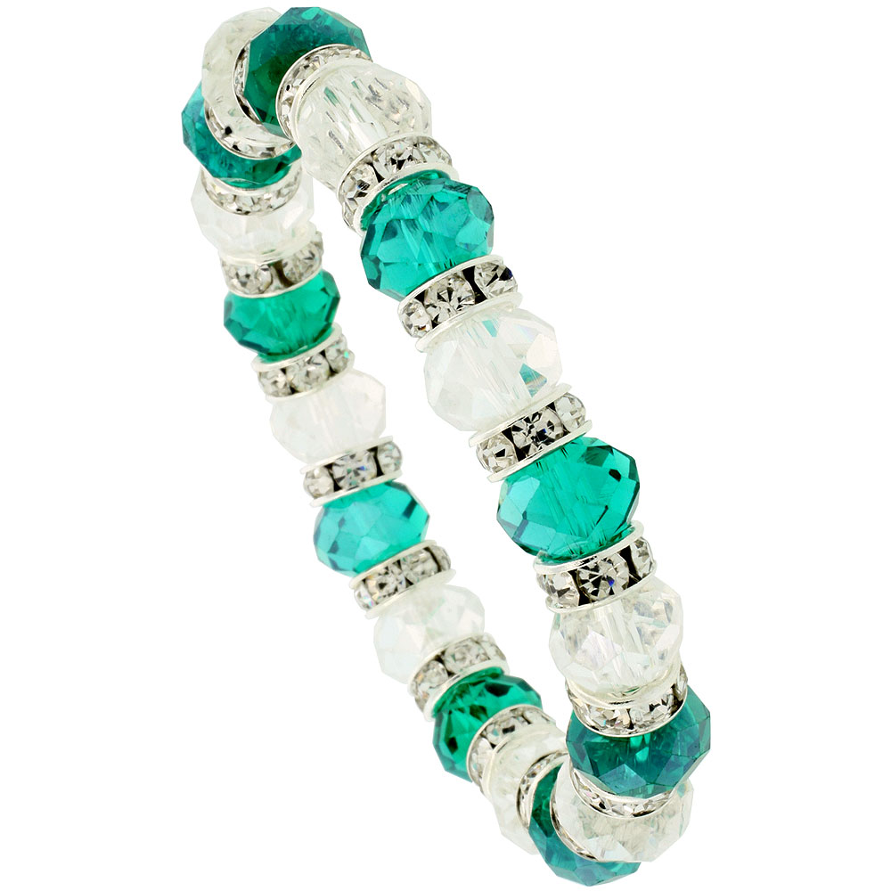 7 in. Clear &amp; Emerald Color Faceted Glass Crystal Bracelet on Elastic Nylon Strand, 3/8 in. (10 mm) wide