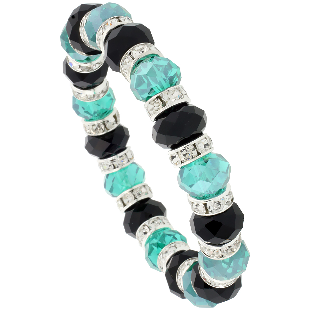 7 in. Black & Emerald Color Faceted Glass Crystal Bracelet on Elastic Nylon Strand, 3/8 in. (10 mm) wide