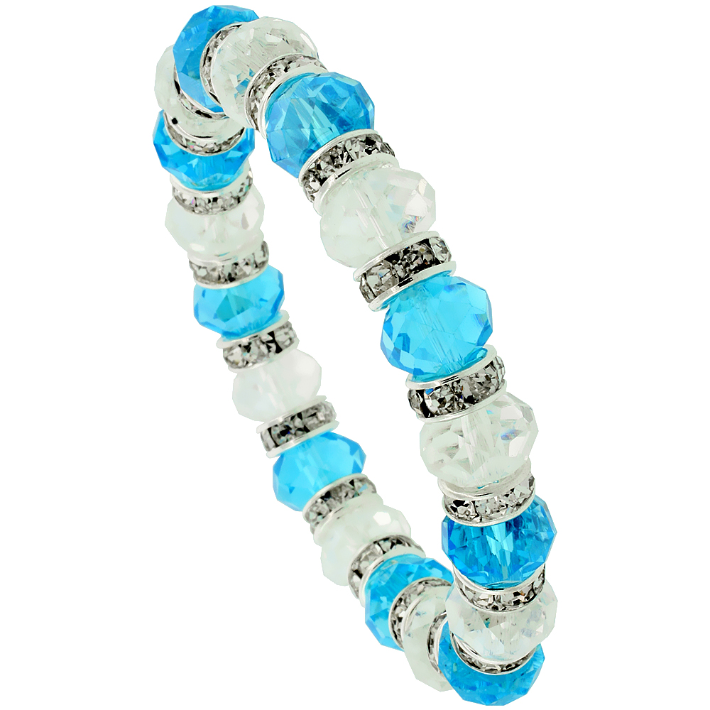 7 in. Clear &amp; Aquamarine Color Faceted Glass Crystal Bracelet on Elastic Nylon Strand, 3/8 in. (10 mm) wide