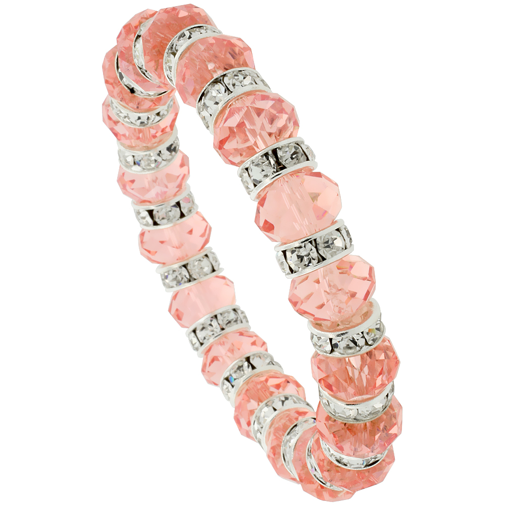 7 in. Pink Topaz Color Faceted Glass Crystal Bracelet on Elastic Nylon Strand, 3/8 in. (10 mm) wide