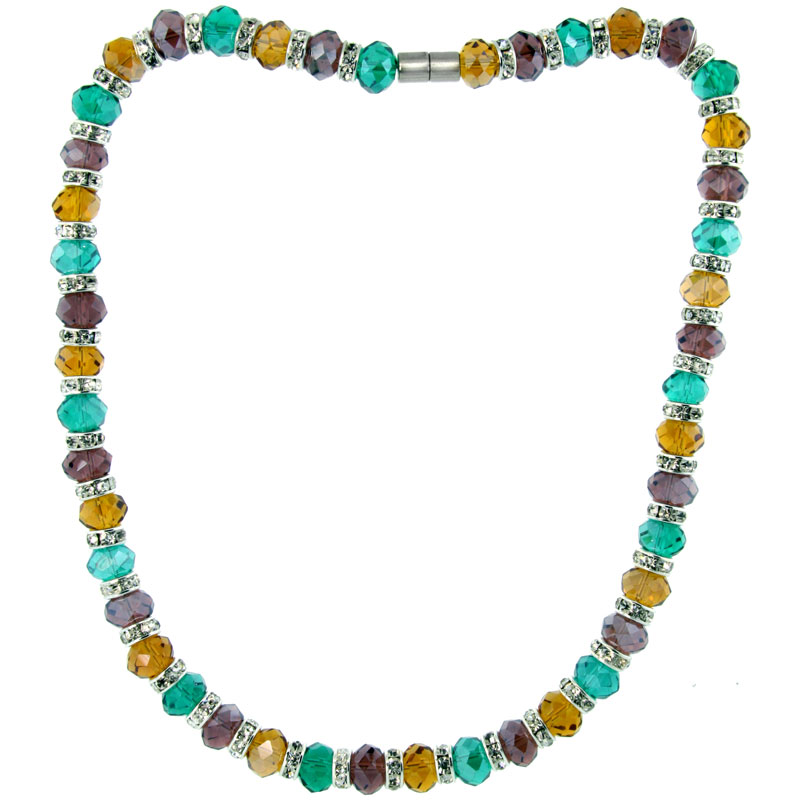 18 in. Multi Color Faceted Glass Crystal Necklace on Elastic Nylon Strand ( Emerald, Citrine &amp; Amethyst Color ), 3/8 in. (10 mm) wide