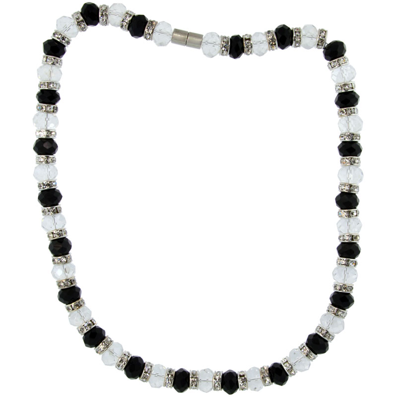 18 in. Black &amp; White Faceted Glass Crystal Necklace on Elastic Nylon Strand, 3/8 in. (10 mm) wide