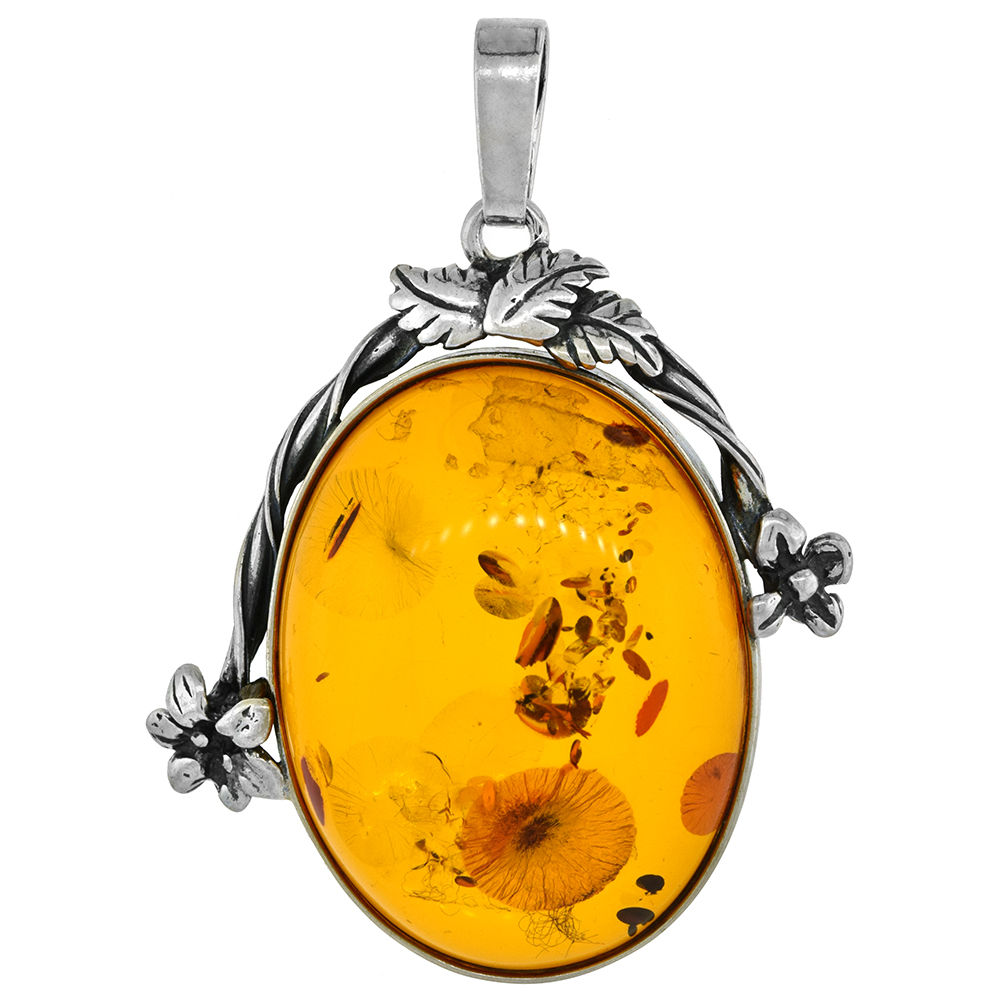 Large Sterling Silver 1 3/4 inch Oval Baltic Amber Necklace for Women Twisted Vine Flower Design Bezel Oval Cabochon Available with or without chain