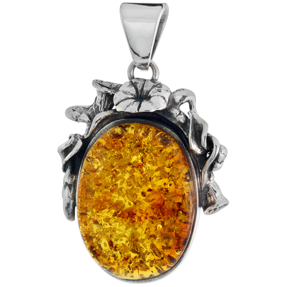 1 1/2 inch Sterling Silver Freeform Baltic Amber Necklace for Women Trumpet Flower Design Bezel Cabochon Available with or without chain