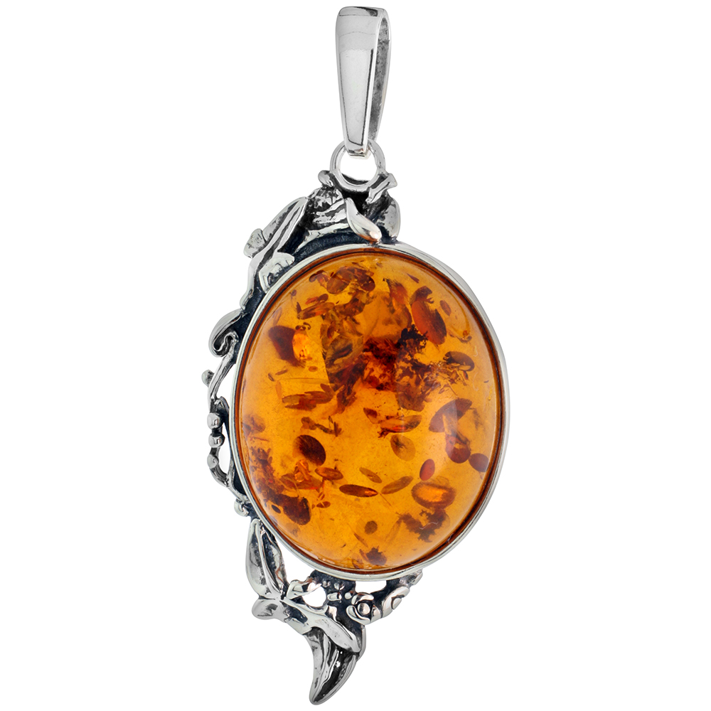 1 1/2 inch Sterling Silver Oval Baltic Amber Necklace for Women Floral Vine Pattern Bezel Oval Cabochon Available with or without chain