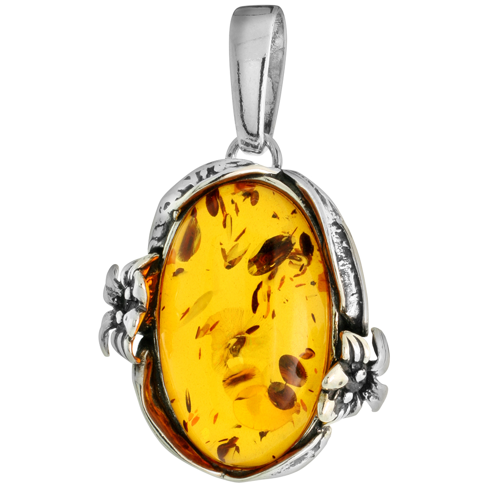 1 3/16 inch Sterling Silver Oval Baltic Amber Necklace for Women Flower Vine Bezel Oval Cabochon Available with or without chain