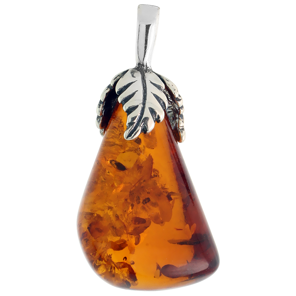 Sterling Silver Floral Russian Baltic Amber Pendant w/ 30x15mm Pear-shaped Stone, 1 3/16&quot; (30 mm) tall 