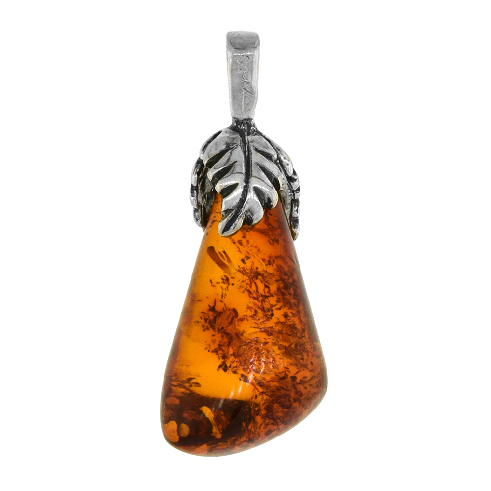 3/4 inch Sterling Silver Small Freeform Teardrop Baltic Amber Necklace for Women Leaf Cap Available with or without chain
