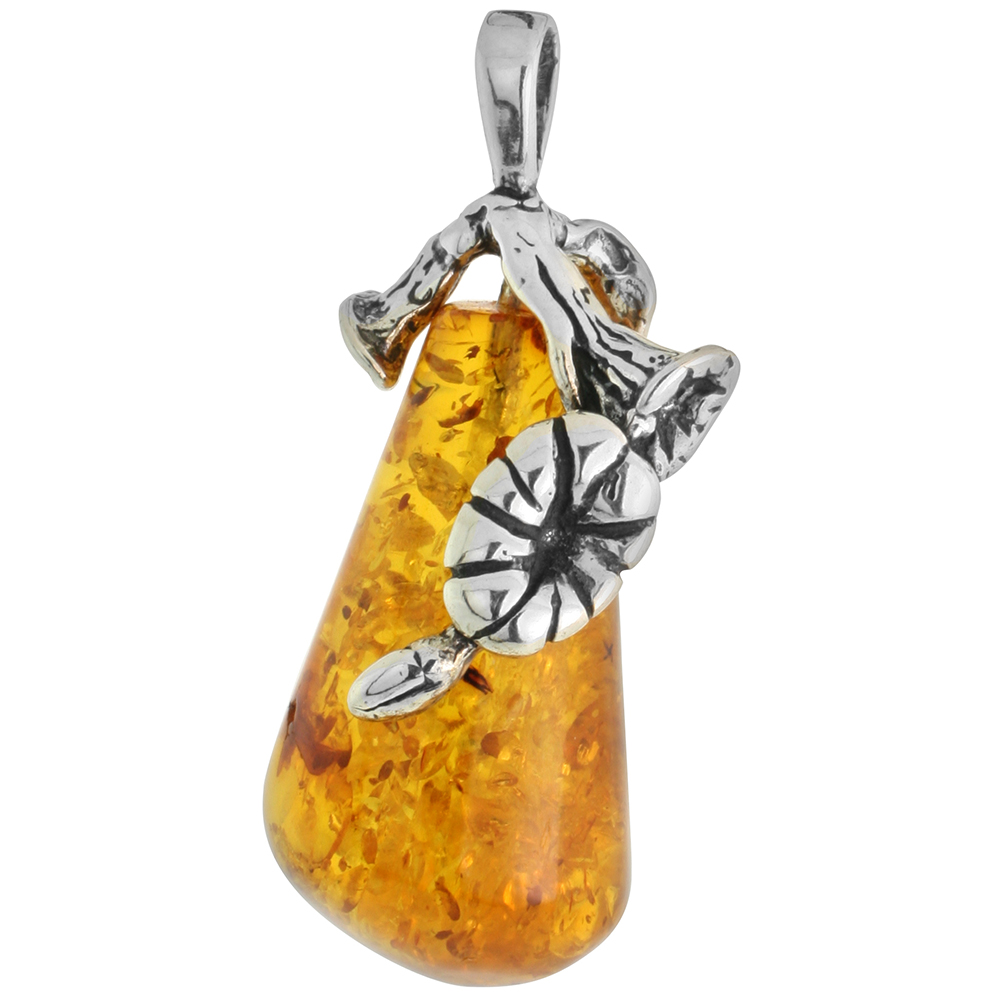 1 3/16 inch Long Sterling Silver Baltic Amber Teardrop Necklace for Women Trumpet Flower Design Cap Available with or without chain