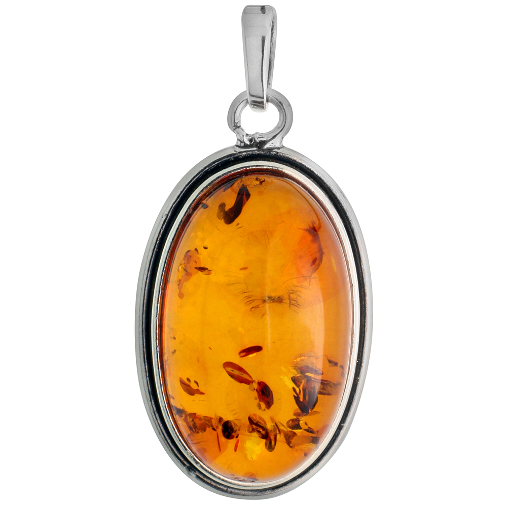 1 1/4 inch Sterling Silver Oval Baltic Amber Necklace for Women Channeled Bezel Oval Cabochon Available with or without chain