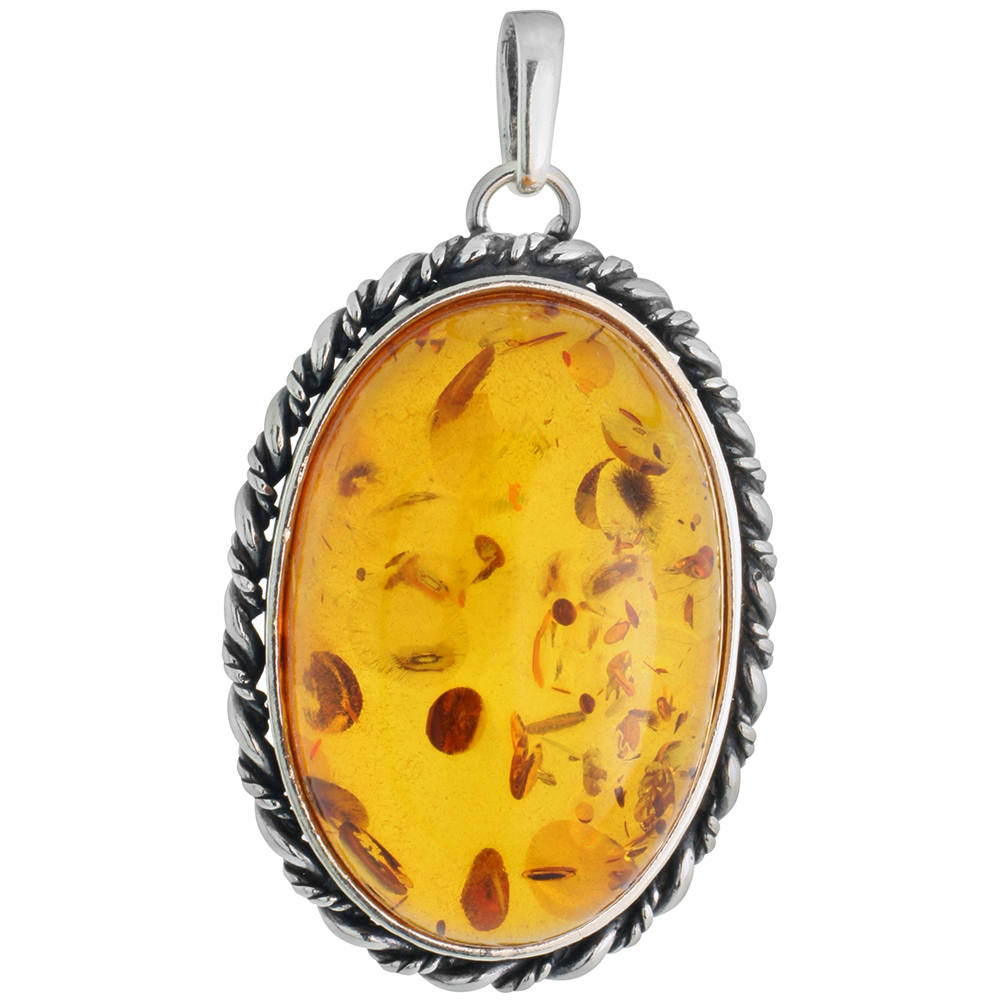 Sterling Silver Oval Baltic Amber Pendant for Women Rope Bezel Oval Cabochon 1 1/2 inch tall