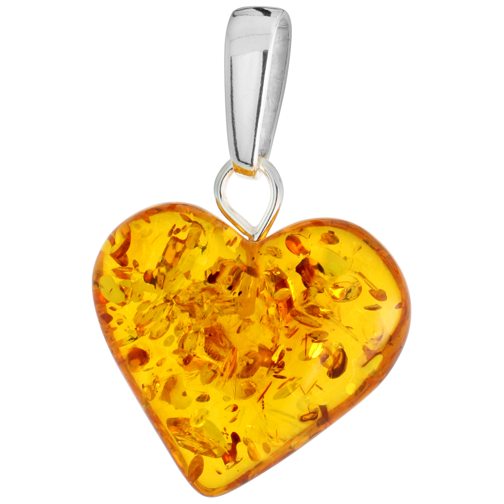 Sterling Silver Baltic Amber Heart Pendant for Women 1 inch tall