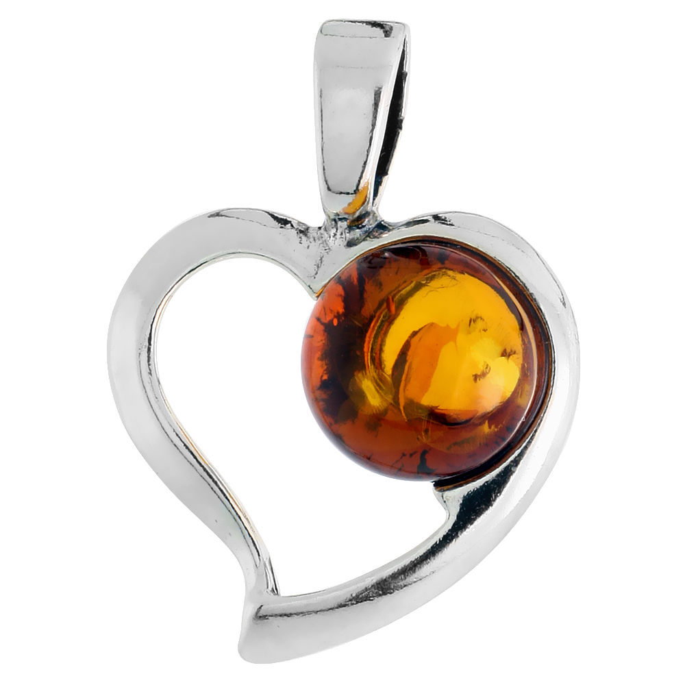 Sterling Silver Heart Russian Baltic Amber Pendant w/ 10mm Round-shaped Cabochon Cut Stone, 3/4" (20 mm) tall 