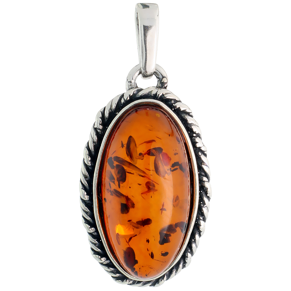Sterling Silver Oval Russian Baltic Amber Pendant w/ Rope Edge Design, w/ 20x10mm Oval-shaped Cabochon Cut Stone, 1" (25 mm) tal